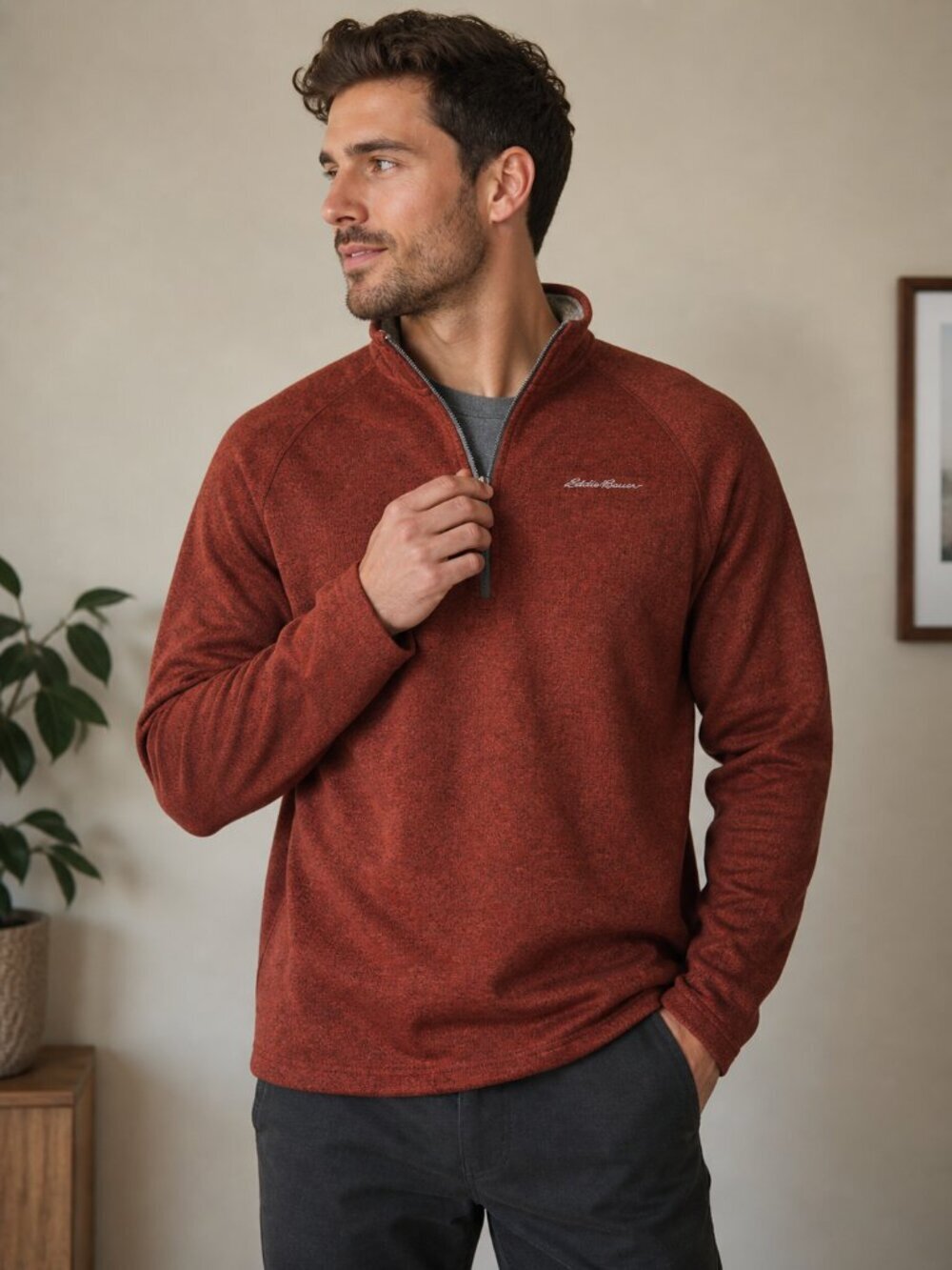 Eddie Bauer Radiator Fleece 1/4 Zip Pullover Brick Red Mens XL Soft Warm Sweater